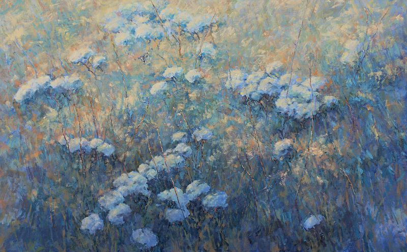 golden light on a cool blue field of grasses and flowers