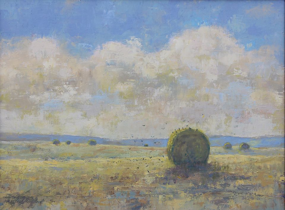 hay bales in a golden field, Patricia Scarborough Artist, Nebraska Artist