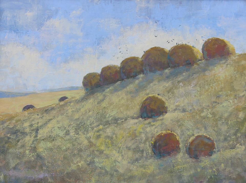 hay bales on a grassy ridge, Patricia Scarborough Artist, Nebraska Artist