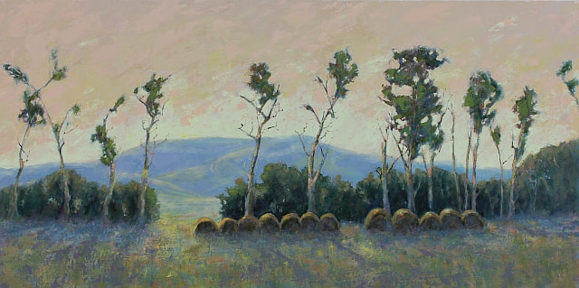 Row of scraggly trees and hay bales in field with hills in distance.